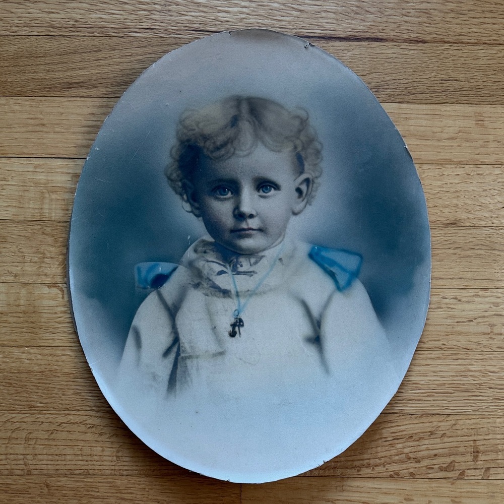 1890’s Antique Oval Portrait of Beautiful Toddler Girl  16”x13”